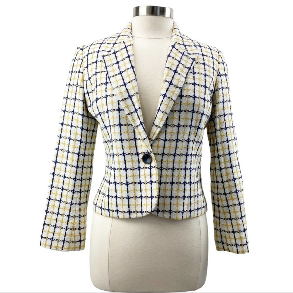 Pendleton Blazer Yellow and Navy Silk Cotton Plaid One Button Women's 8